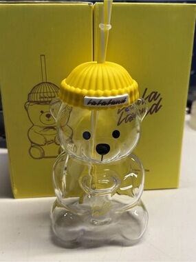 Lalahami Yellow Bear Glass Drink Bottle with Straw